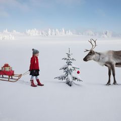Kind mit Schlitten und Rentier im weißen Schnee