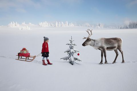 Kind mit Schlitten und Rentier im weißen Schnee