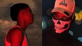 Porträt von Johan und M, der eine Maske mit einem Totenkopf trägt