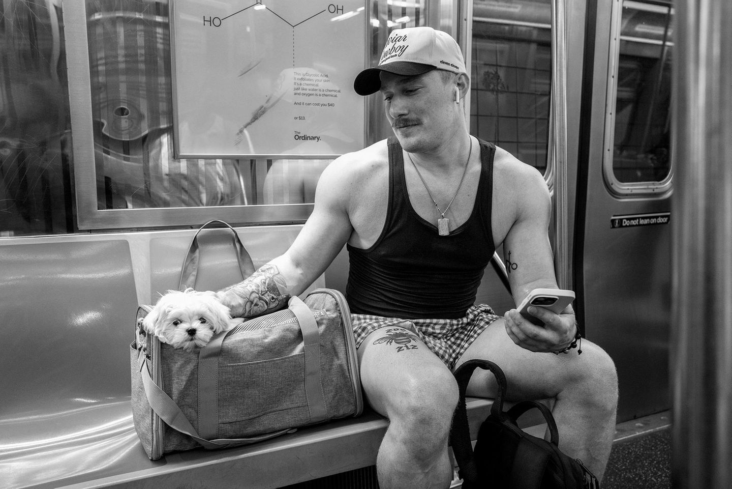 Ein Mann krault in der U-Bahn seinen Hund, der in einer Tasche sitzt