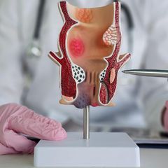 Proktologie: Arzt zeigt ein Modell des Enddarms