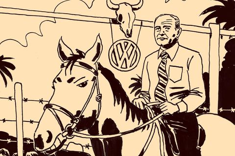VW-CEO Leiding sitzt auf einem Pferd, Comiczeichnung