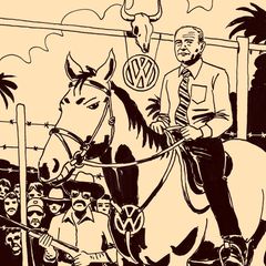 VW-CEO Leiding sitzt auf einem Pferd, Comiczeichnung