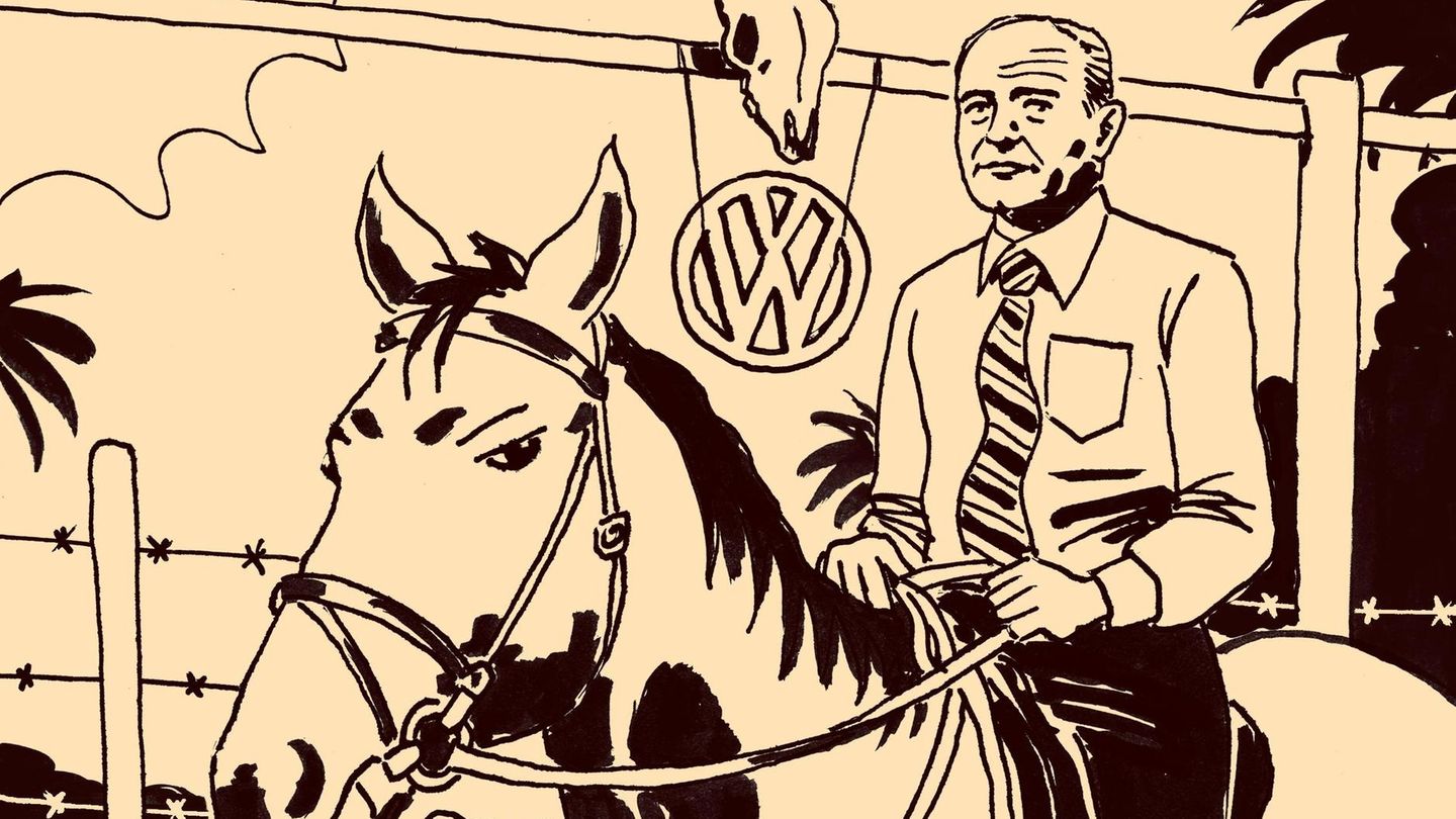 VW-CEO Leiding VW-CEO Leiding sitzt auf einem Pferd, Comiczeichnung
