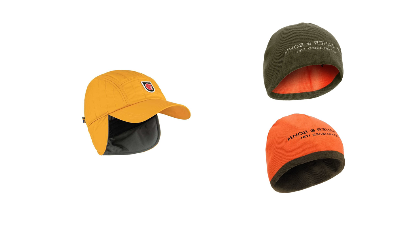 Eine Wende-Beanie und eine Schirmmütze mit Nacken- und Ohrenschutz
