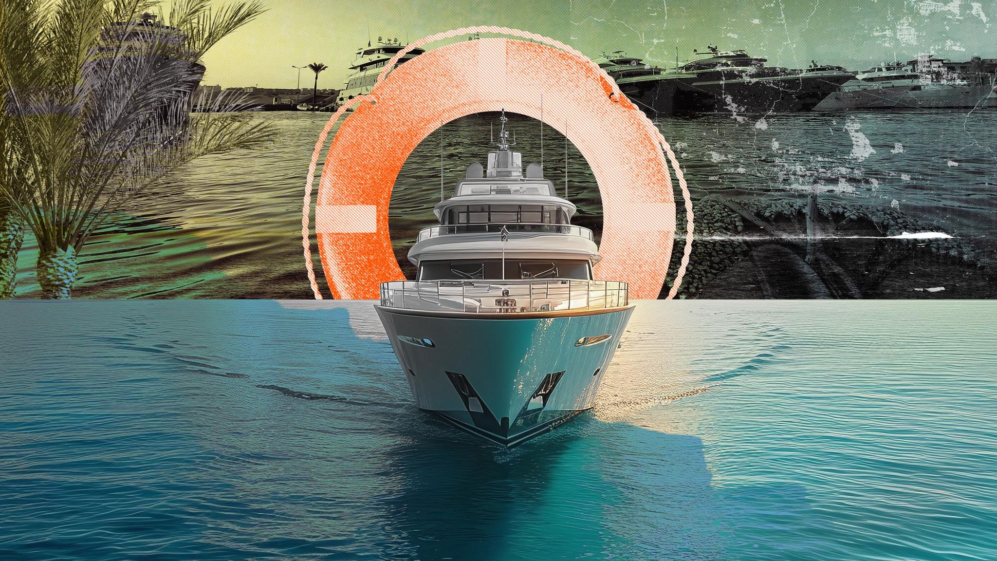 Ein Schiff in einer Montage mit einem Rettungsring