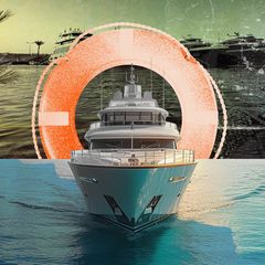 Ein Schiff in einer Montage mit einem Rettungsring