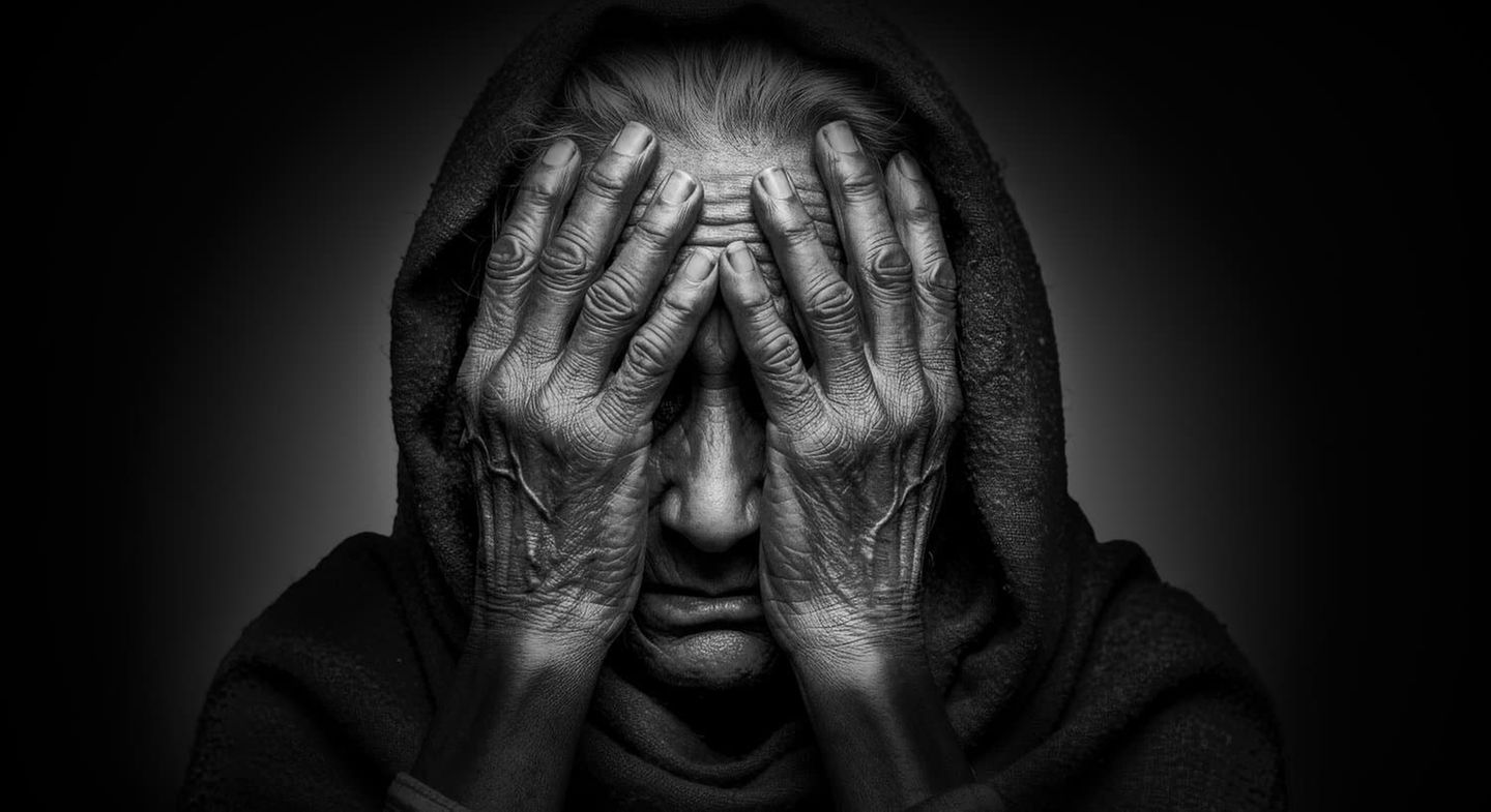 Schwarz-Weiß: eine ältere indische Frau verbirgt ihr Gesicht in ihren Händen