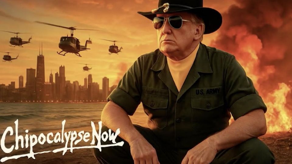 Skurriles Droh-Meme: Trump provoziert Chicago mit bizarren Kriegsfantasien Ein KI Meme mit Donald Trump immit dem Schriftzug Chipocalypse Now