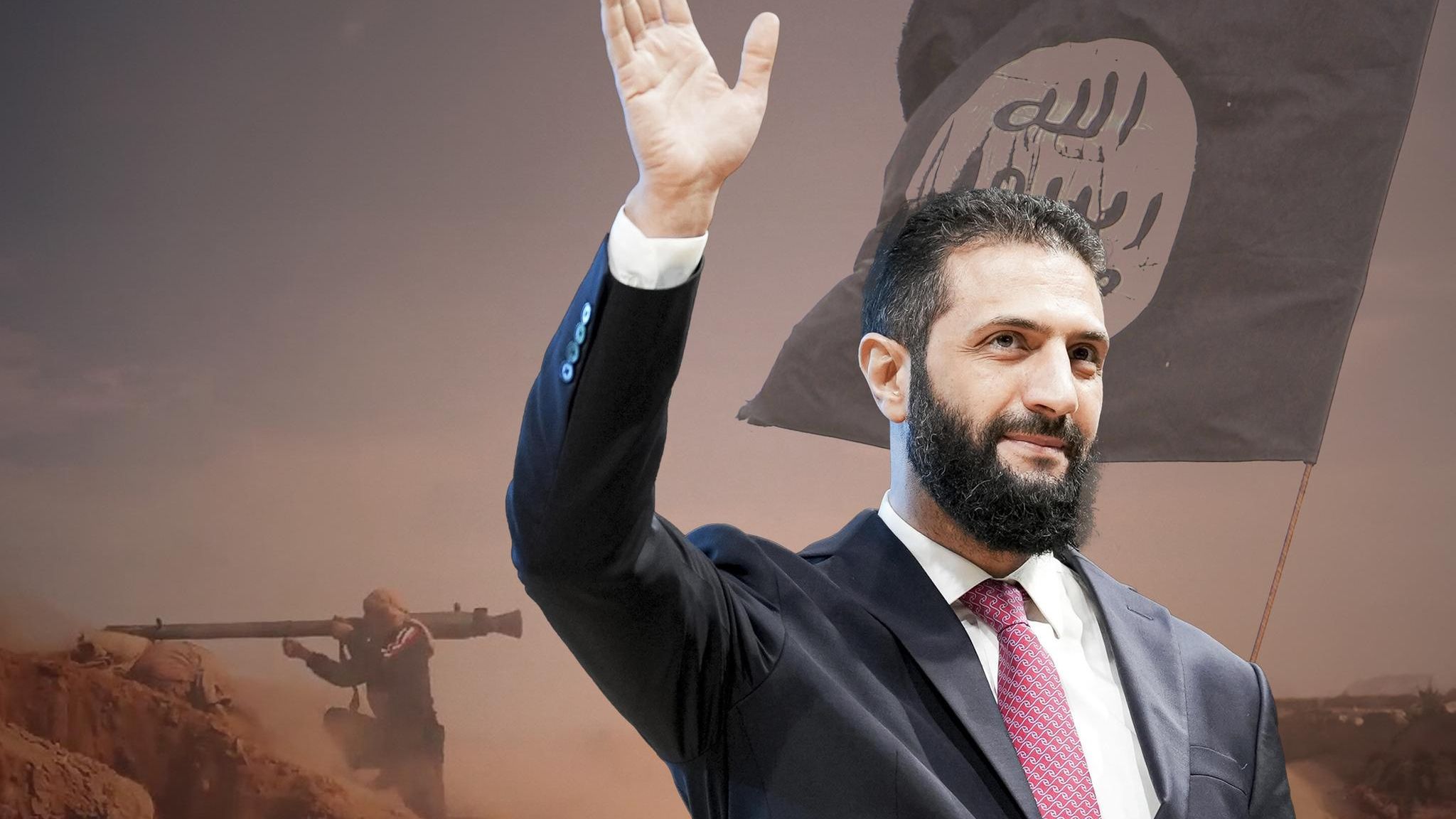 Montage: Syriens Übergangspräsident al-Scharaa und ein IS-Kämpfer