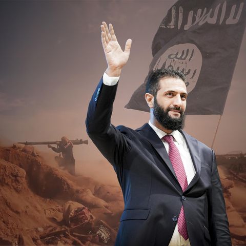 Montage: Syriens Übergangspräsident al-Scharaa und ein IS-Kämpfer