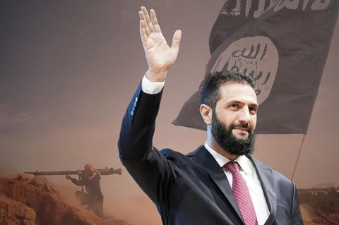 Montage: Syriens Übergangspräsident al-Scharaa und ein IS-Kämpfer