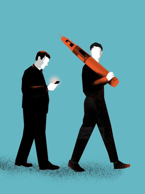 Illustration: Mann wird mit der Abnehmspritze immer schlanker