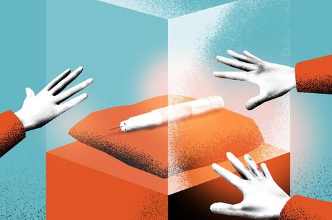 Illustration: Hände greifen nach Abnehmspritze