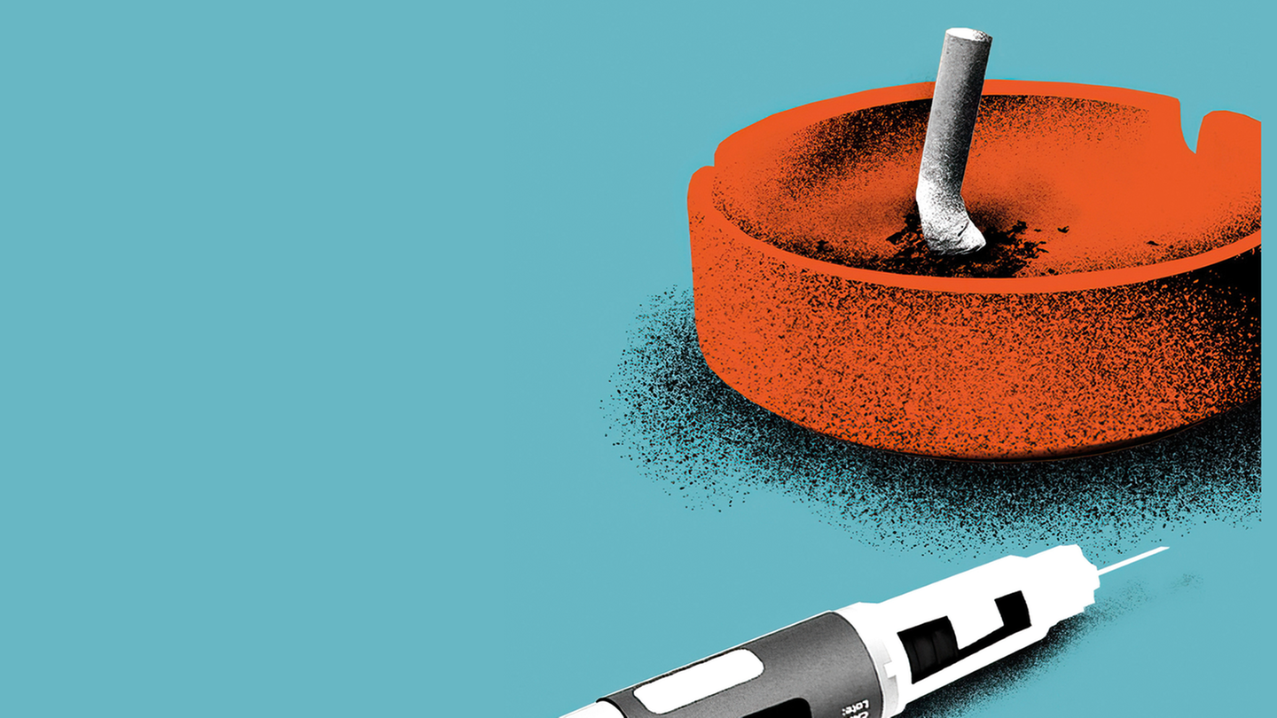 Illustration: Abnehmspritze und ausgedrückte Zigarette Illustration: Abnehmspritze und ausgedrückte Zigarette