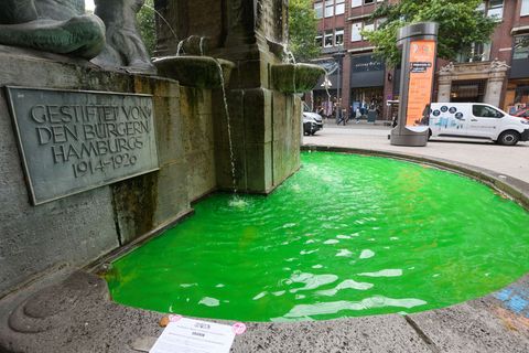 Grünes Brunnenwasser in Hamburg - Klimaaktivisten haben mehrere Brunnen in der Hansestadt mit Uranin eingefärbt, um gegen Kreuzf