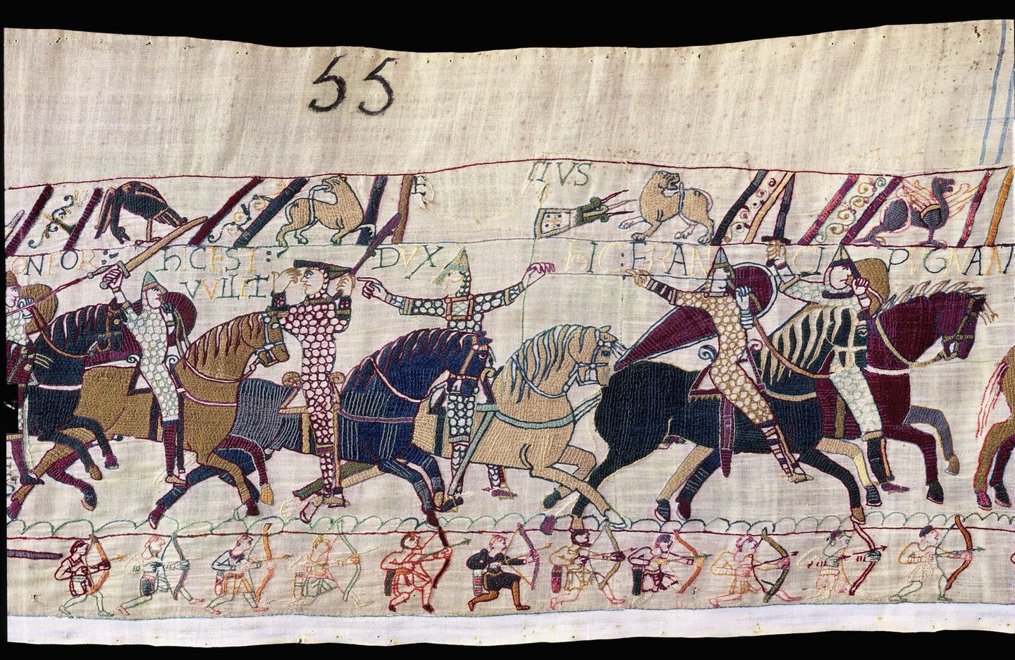 Mittelalter Wilhelm streitet an vorderster Front mittelalterliche Stickerei, Ritter in Kettenhemden preschen mit Schwertern voran, einer lüftet den Helm