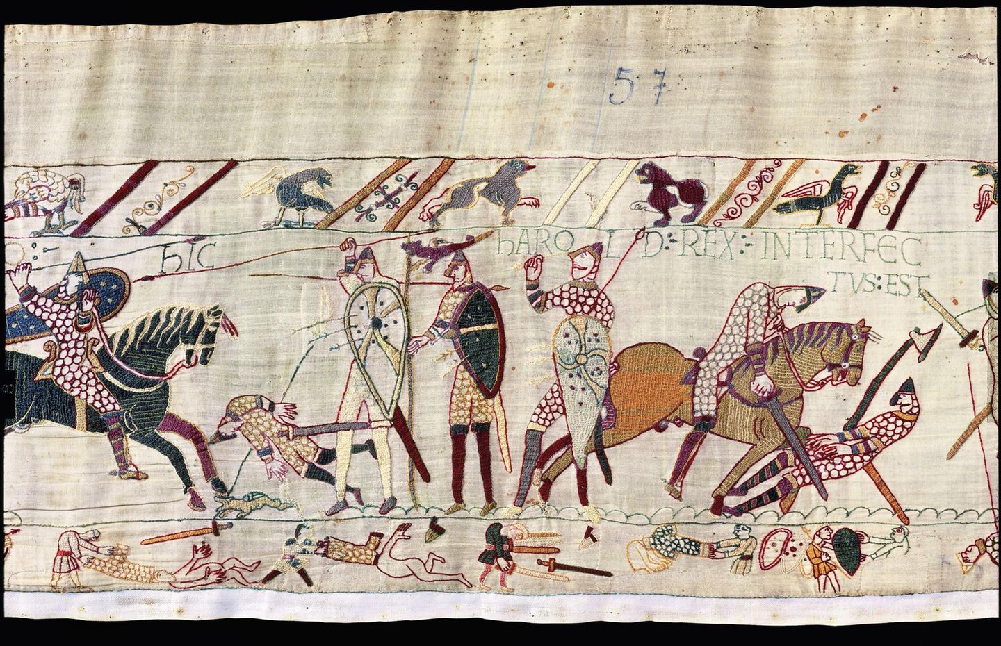 Mittelalter Der tödliche Pfeil mittelalterliche Stickerei, Ritter sterben im Kampf