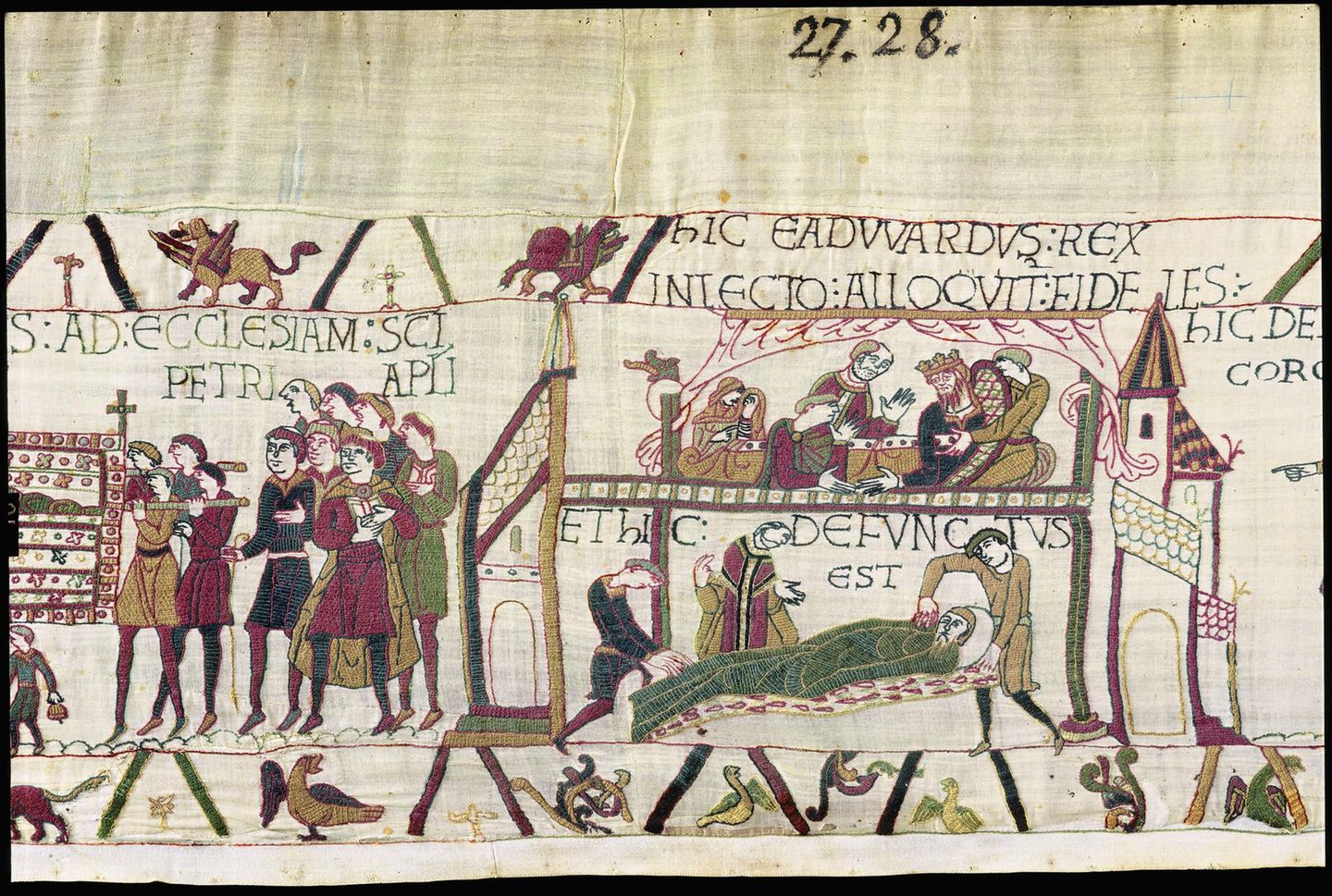 Mittelalter Der König ist tot mittelalterliche Stickerei, ein König auf dem Sterbebett, Trauernde