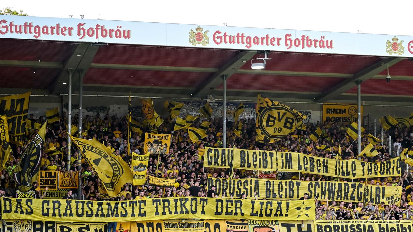 Die BVB-Fans protestieren gegen die neuen Auswärtstrikots. Foto: Harry Langer/dpa