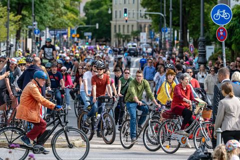 Auf Fahrrädern ziehen Hunderte Menschen durch München. Foto: Armin Weigel/dpa