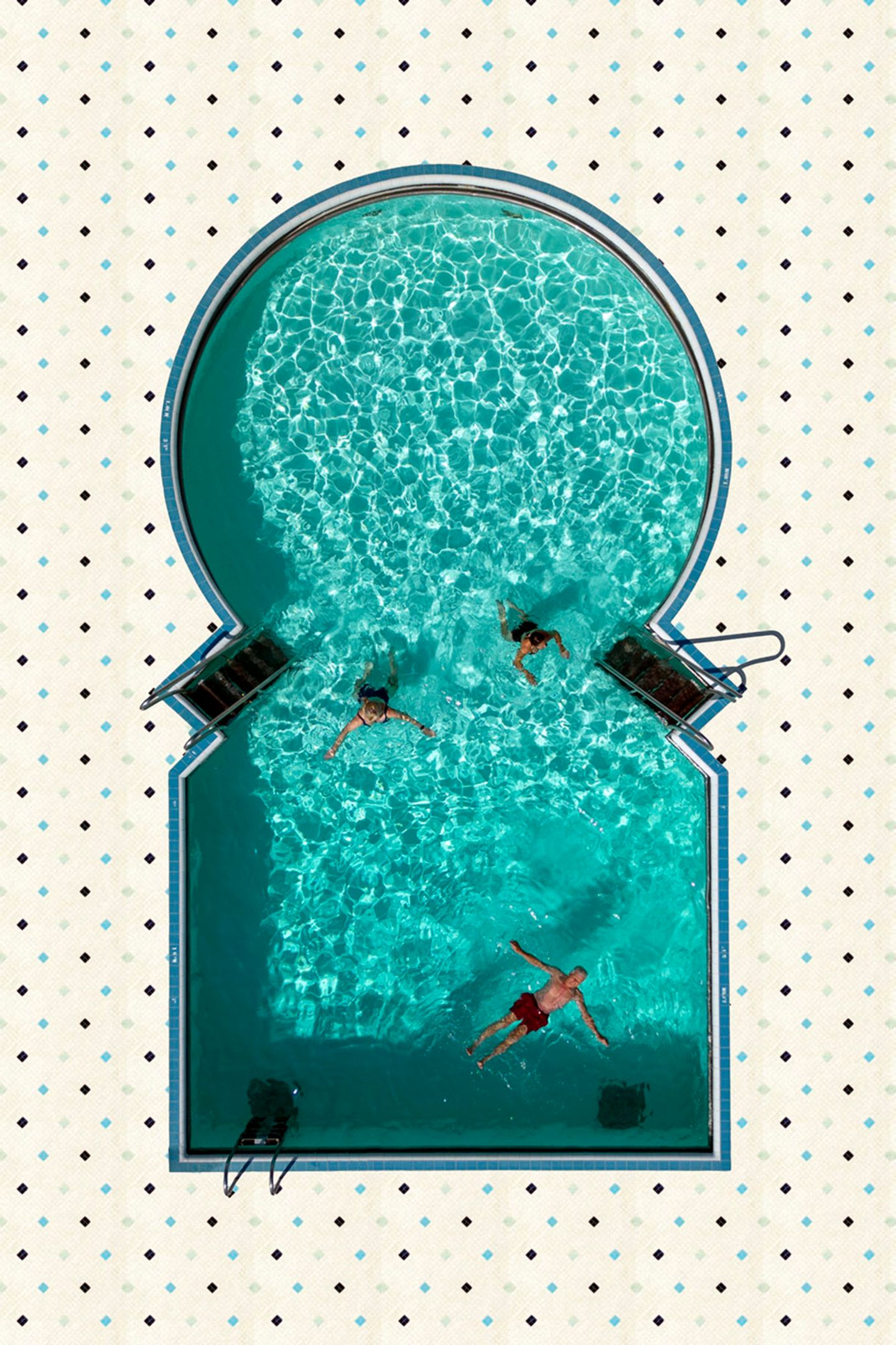 Fotografie: Ein Pool aus der Luftperspektive, der von oben durch seine Form aussieht wie ein Fenster auf den ersten Blick