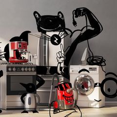 Haushaltsgeräte, verziert mit Cartoon-ähnlichen Malereien zum Thema Energie sparen