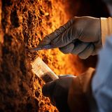 Steinzeit Hand mit Skalpell kratzt Proben aus einer Wand