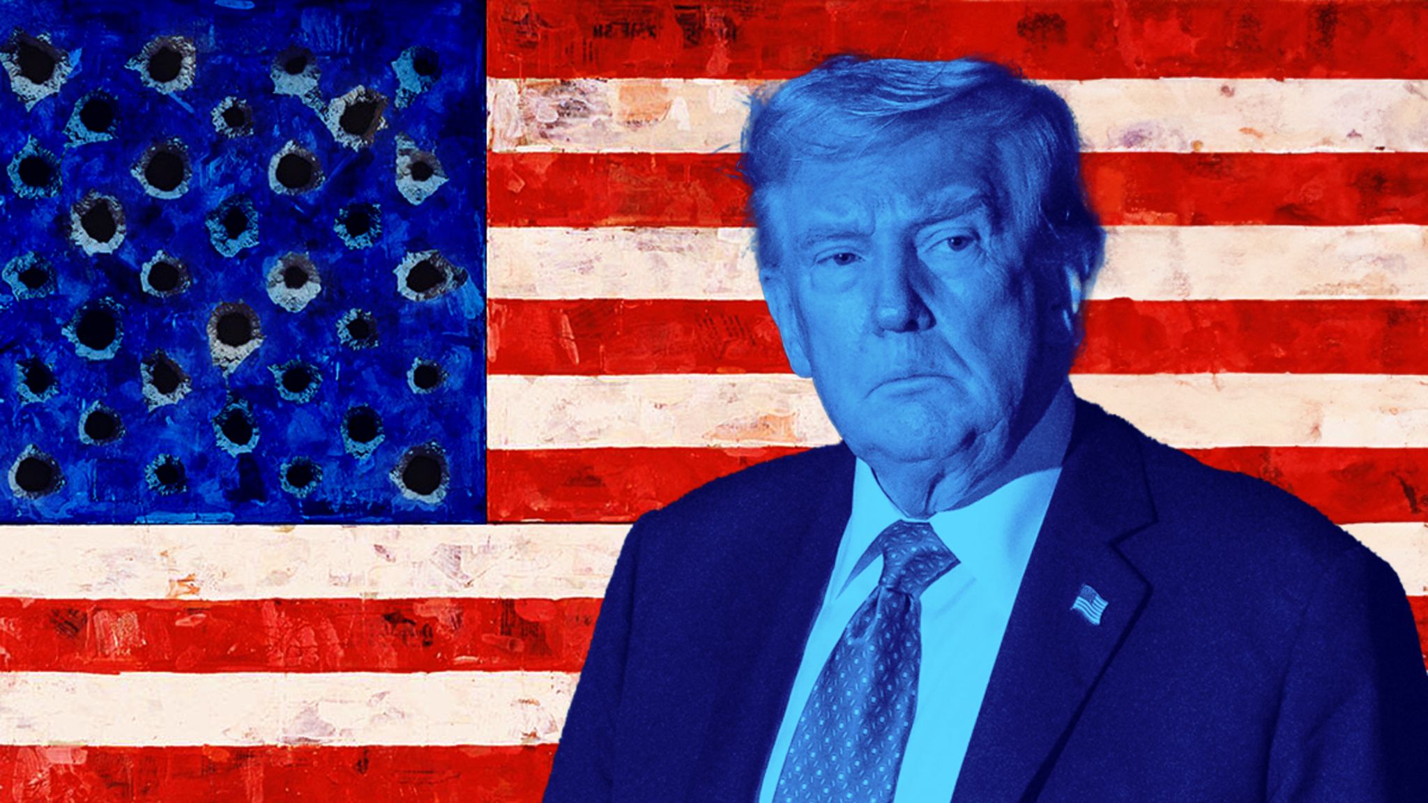 Donad Trump vor einer Amerika-Flagge in einem illustrativen Stil