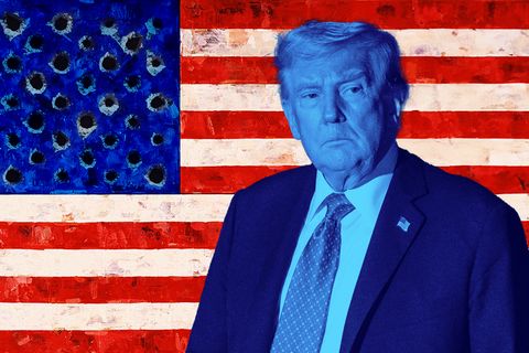 Donad Trump vor einer Amerika-Flagge in einem illustrativen Stil