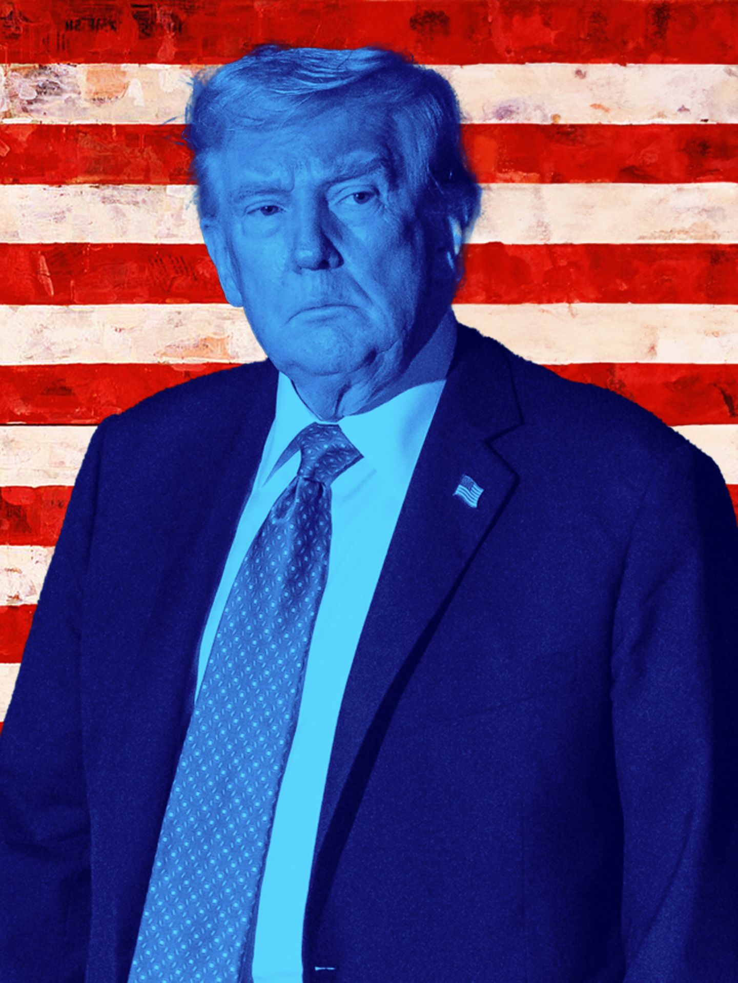 Donad Trump vor einer Amerika-Flagge in einem illustrativen Stil
