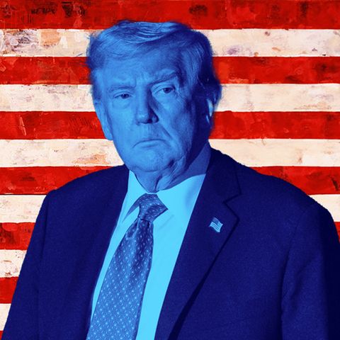 Donad Trump vor einer Amerika-Flagge in einem illustrativen Stil