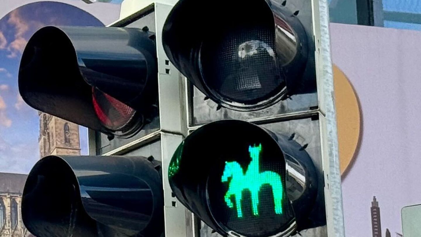 Die Ampel in der Magdeburger Innenstadt zeigt bei grün den "Magdeburger Reiter". Foto: Thomas Schulz/dpa