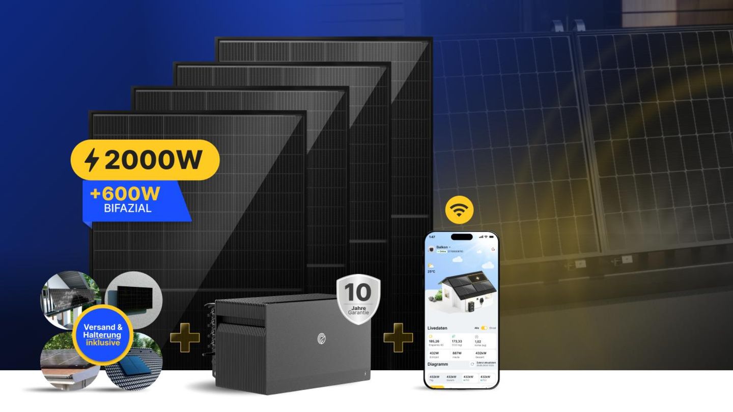 Das Balkonkraftwerk-Set von Solakon kommt mit vier Solarmodulen und Speicher – und zum Sonderpreis.