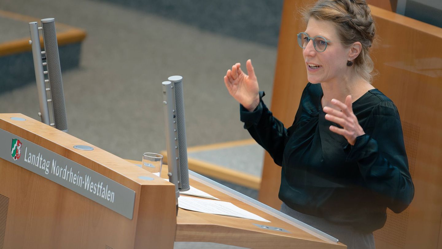 Grünen-Fraktionschefin Verena Schäffer spottet in der Haushaltsdebatte des nordrhein-westfälischen Landtags über "die Liebe der