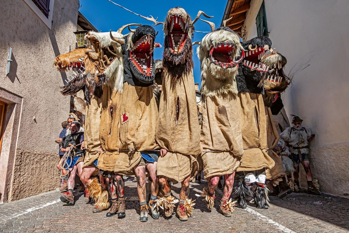 Alle zwei Jahre, wenn sich der Faschingsdienstag nähert, verwandelt sich der beschauliche Weinort Tramin in Südtirol in ein Tollhaus: Dann ziehen riesige, gehörnte Gestalten durch die Gassen und schnappen wild um sich   