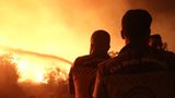 Latakia, Syrien. Mit aller Kraft kämpfen die "Weißhelme" gegen die Flammen eines verheerenden Waldbrandes. Die zivilen Hilfseinheiten arbeiten unaufhörlich daran, die Feuerwalze unter Kontrolle zu bringen und Dörfer zu schützen