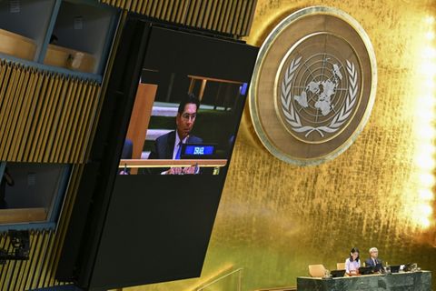 IsraelsBotschafter bei der UNO, Danny Danon, auf einem Bildschirm