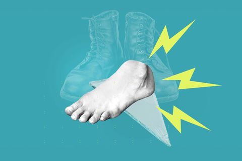 Schmerzen am Fuß: Collage mit Fuß, Schuhen und Blitzen