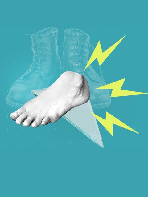 Schmerzen am Fuß: Collage mit Fuß, Schuhen und Blitzen