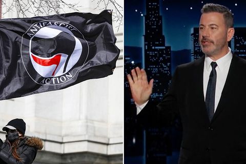 Anhänger der Antifa Bewegung mit einem Banner