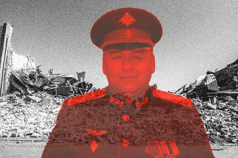 Kollage: Sergei Storozhenko  vor einer Ruine in der Ukraine