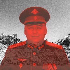 Kollage: Sergei Storozhenko  vor einer Ruine in der Ukraine