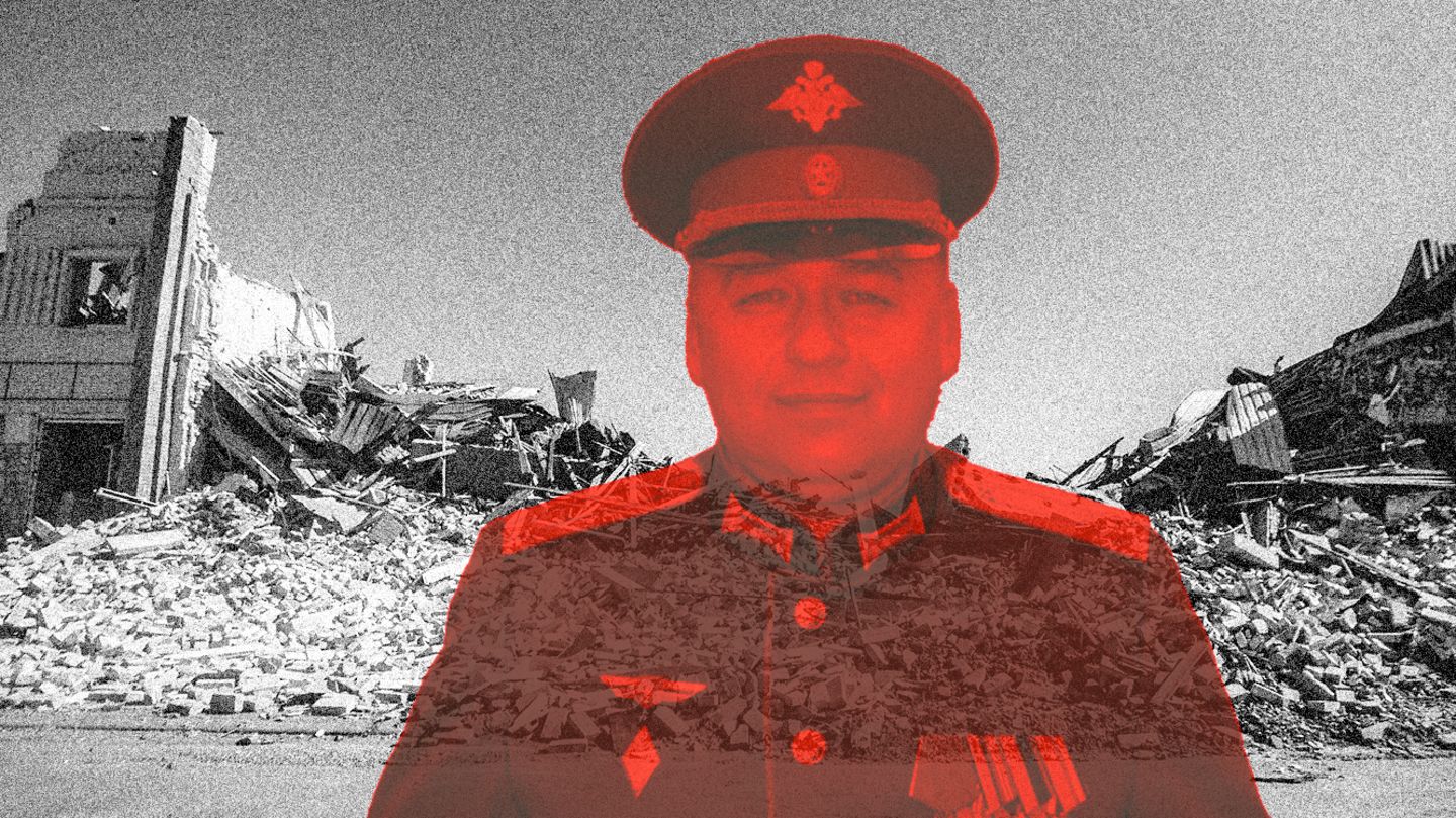 Kollage: Sergei Storozhenko  vor einer Ruine in der Ukraine