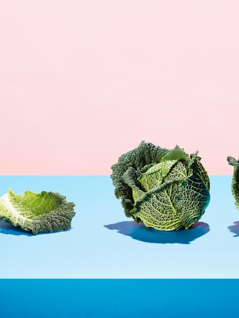 Superfood Kohl: Wirsing und Rosenkohl auf buntem Hintergrund