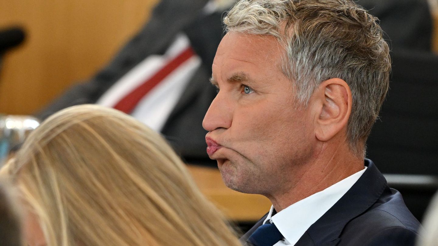 AfD-Fraktionschef Björn Höcke kündigt in der Haushaltsberatung des Landtags eine Klage an. Foto: Martin Schutt/dpa