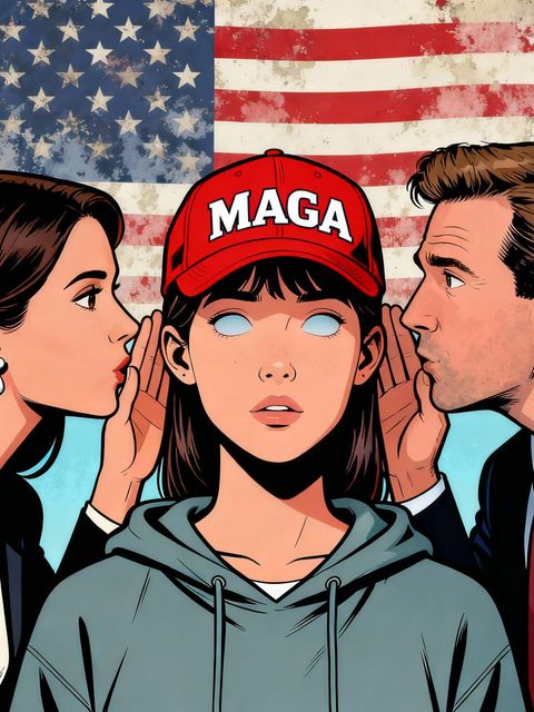 Auf diesem KI-generierten Bild flüstern zwei Menschen einer jungen Frau mit MAGA-Mütze zu