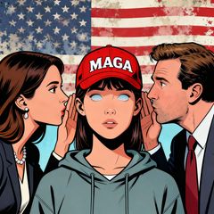 Auf diesem KI-generierten Bild flüstern zwei Menschen einer jungen Frau mit MAGA-Mütze zu