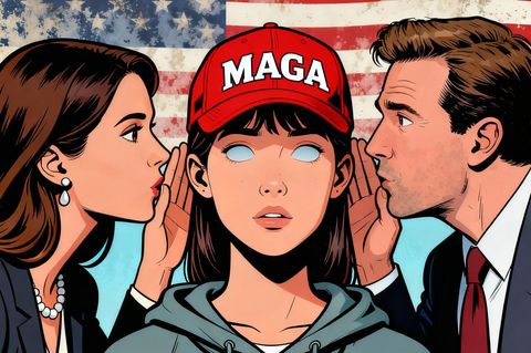 Auf diesem KI-generierten Bild flüstern zwei Menschen einer jungen Frau mit MAGA-Mütze zu