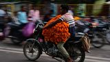 Prayagraj, Indien. Während des Navratri-Festivals verwandelt sich Prayagraj in ein Meer leuchtender Farben. Ein Mann fährt auf seinem Motorrad durch den lebhaften Markt und transportiert Blumengirlanden, die für das Fest bestimmt sind. Das Navratri-Festival ist eines der wichtigsten hinduistischen Feste und ehrt die Göttin Durga